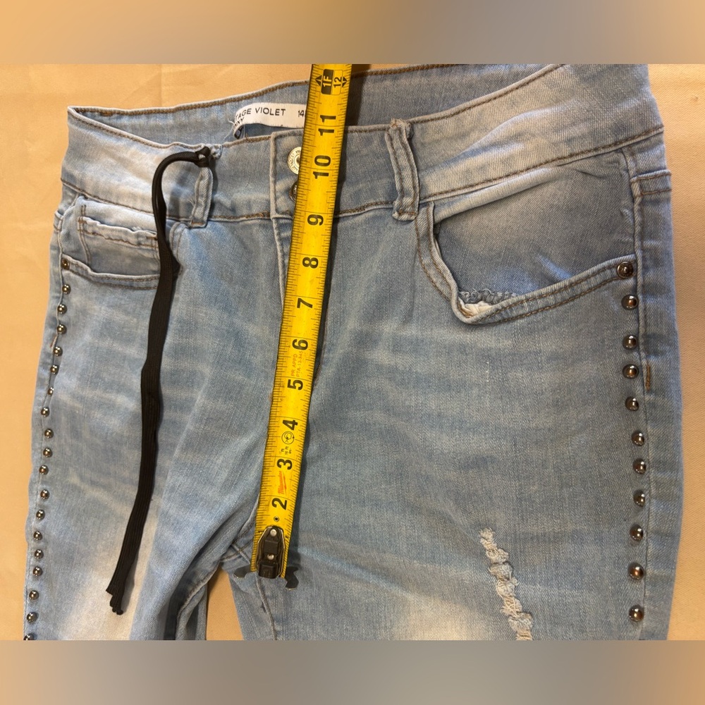 Women's Light Blue Distressed Skinny Jeans with Studded Details - Picture 8 of 15